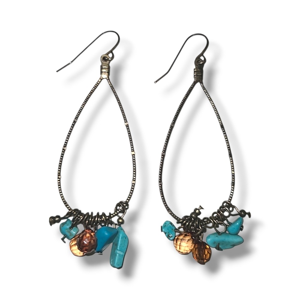 Turquoise Beaded Open Teardrop Wire Pierced‎ Earrings Bronze tone Dangle 2.5"